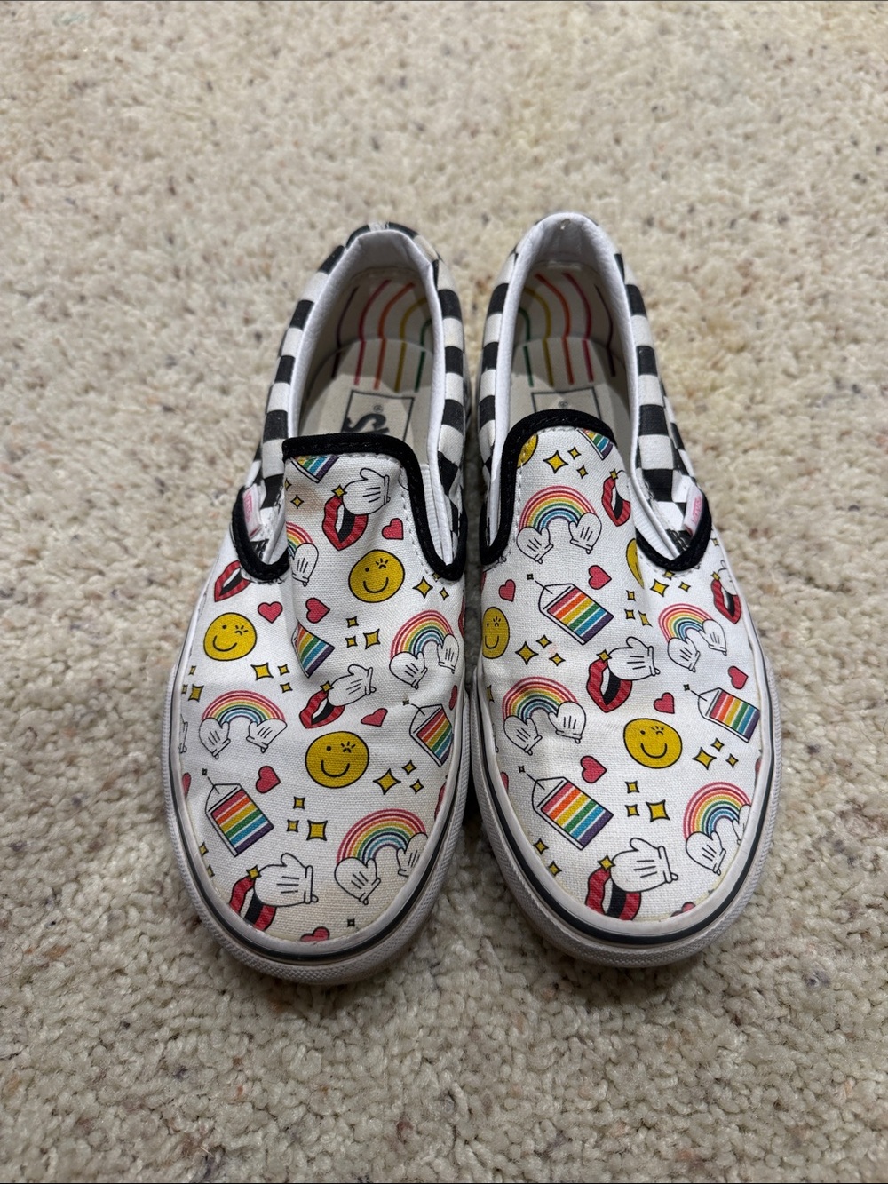 Slip-On Vans Shoes with Rainbow & Emoji Print - White